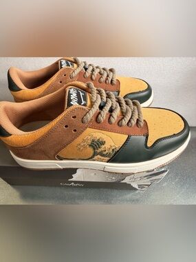 Canvas & Suede Low-Top Sneakers in Mustard and Brown with Wave Graphic